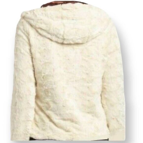 YOKI GIRLS CREAM & BROWN FAUX FUR HOODED JACKET W/POM POMS SZ.M GUC - Picture 5 of 8